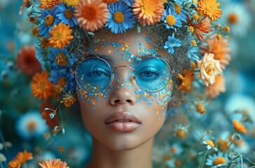 Flower Power: A Flower-Filled Face with Blue Eyewear and Flower Crown Generative AI