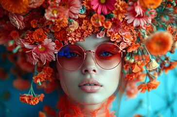 Flower Power: A Flower-Crowned Model in Sunglasses and Orange Lace Generative AI