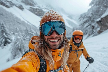 Skiing in Style: Two Snowboarders Smile for the Camera in Yellow Coats Generative AI - obrazy, fototapety, plakaty