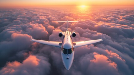 Luxury private jet flying above the clouds, beautiful sunset on background.  - Powered by Adobe