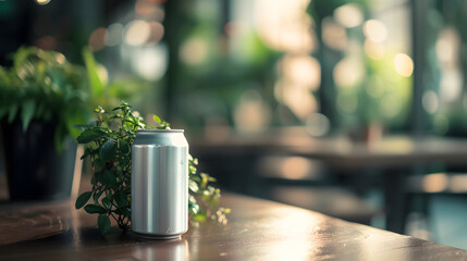 A blank silver cold drink can on a stylish table, emphasizing the product's sophistication and appeal, brandless soda or beer can for mockup, - obrazy, fototapety, plakaty
