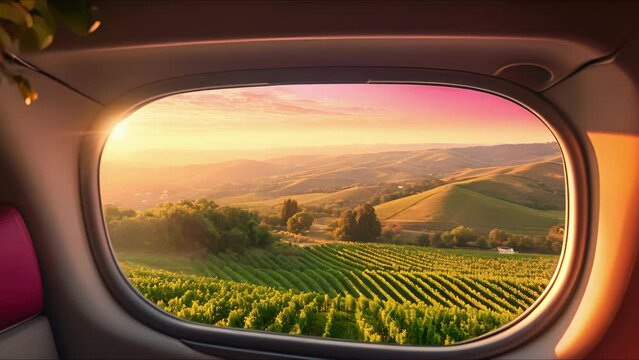 The orange and pink hues of a sunrise perfectly complement the lush, verdant vines that stretch out beneath the private jet window. A truly magical sight from high above.