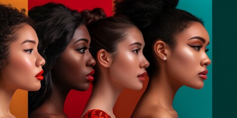 Obraz premium Collage of beautiful multiracial women on color background