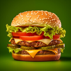 Delicious hamburger on green background.