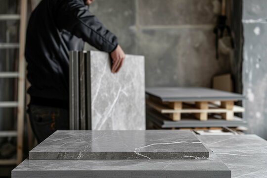 The interior designer selects ceramic stoneware and marble samples. Designer at work. Interior design. Architecture. Decoration. Design project blueprints. Grey marble. Grey stone. Decorative material