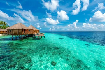 Tropical paradise. Luxury panoramview on Maldives resort on seascape background. Bungalow, villas on beautiful exotic beach on the ocean. Spa, leisure, concept Ai