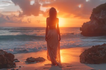 Sunset Serenade: A Woman in a Long Skirt Stands on the Beach, Enjoying the Sunset Generative AI