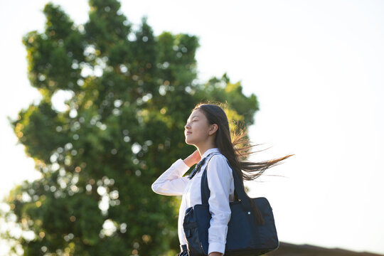 制服姿で大きな木をバックに風に吹かれている女子学生