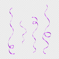 Vector purple curled ribbons serpentine realistic set