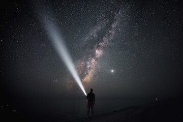 Under the vast starry sky lies an explorer with a beam of light; unveiling mysteries of the cosmic...