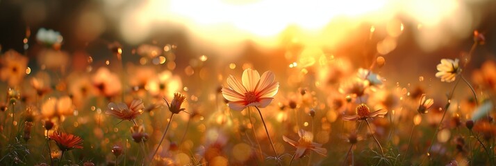 Obraz na płótnie Canvas a flower field at sunrise with sunlight shining through the flowers