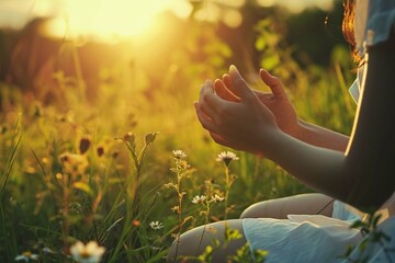 Woman hands folded in prayer in beautiful nature background with sunlight in vintage color tone - obrazy, fototapety, plakaty