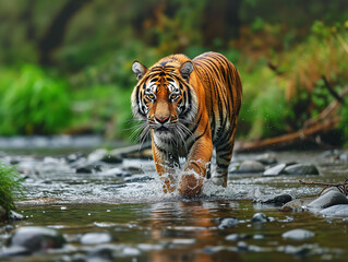 The tiger walking in the river looks beautiful. © nitikarn