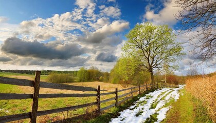 Obraz premium Early spring, old wooden fence along the road where the snow is parting. Rural landscape.