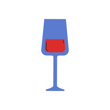 Blue wineglass with red wine. Vector illustration in a flat style. Cute illustration for stickers, cards design, tags, clipart. Groovy