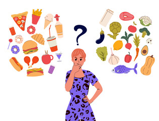 The Modern Girl compares healthy and unhealthy foods in her head and thoughts. Balanced nutrition and fast carbohydrates. Vector illustration. Isolated. Character in flat style. Minimalism.