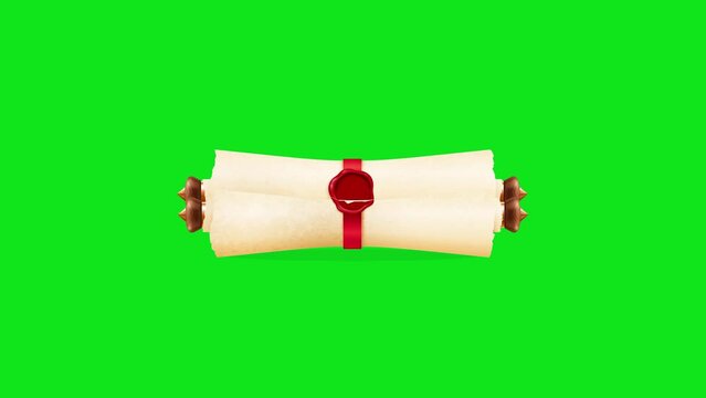 Old vintage horizontal curled off white letter with red seal. Wooden ends with Paper scroll or parchment opening and closing animation.Vintage roll of parchment against green background.Alpha channel.