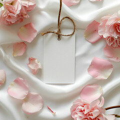 Wedding, birthday stationery mock-up scene. Blank gift tag, label with pink silk ribbon.