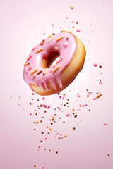 A classic donut with pink frosting and colorful sprinkles levitating against a soft pink background.
