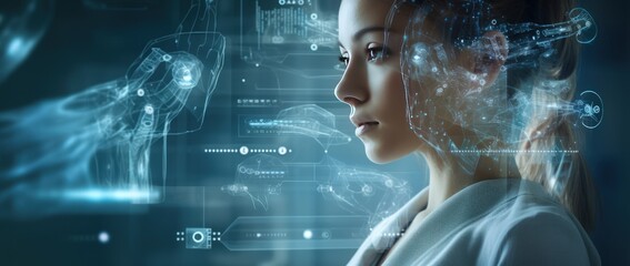 Medical healthcare business and doctor service concept with Beautiful young woman scientist in white coat double exposure. Generative AI
