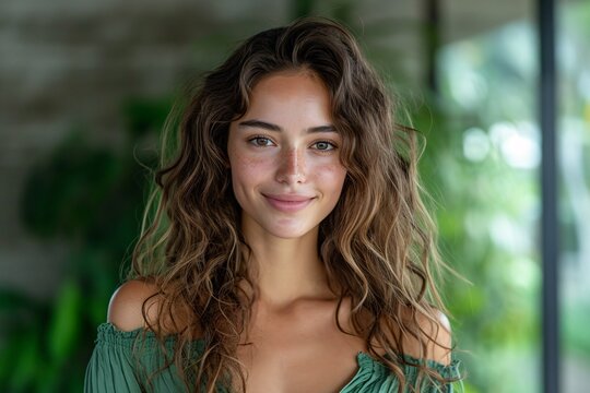 Wavy Hair, Freckles, and Green Shirt: A Catchy and Optimized Adobe Stock Title Generative AI