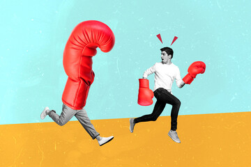 Collage artwork image of afraid scared man escaping weird strong boxer faceless body silhouette...