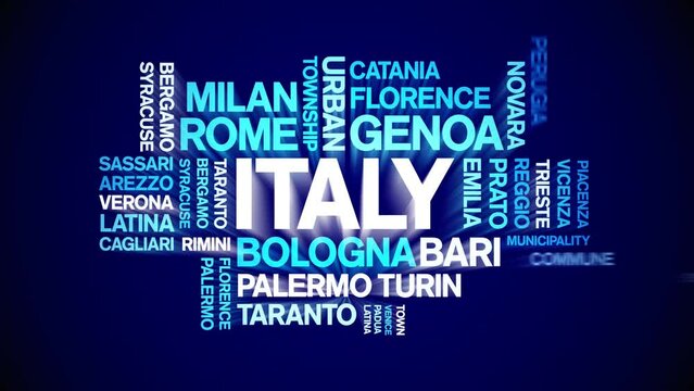 italy animated word cloud;text design animation tag kinetic typography seamless loop.