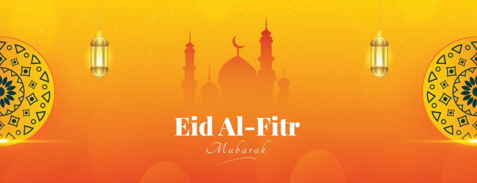 Eid al-fitr Mubarak wishes or greeting big banner with yellow background mosque or lantern social media wishing banner or poster design vector illustration