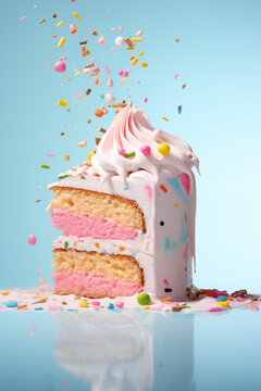 A playful pink and white layered birthday cake with a whimsical explosion of colorful candy sprinkles against a blue background.
