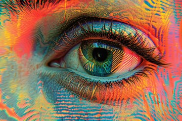 a close up of a person's eye with a multicolored pattern on

