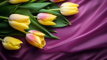 Obraz premium Vivid yellow tulips arranged on a luxurious purple satin textile background.