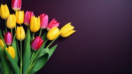 Bright yellow and pink tulips lying over a dark purple background with a dramatic contrast.
