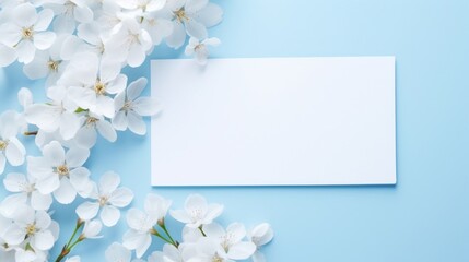 Blank greeting card surrounded by delicate white cherry blossoms on a soft blue background.