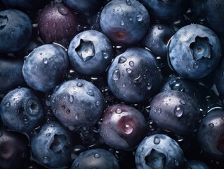 Top-down view of fresh Blueberries background, adorned with glistening droplets of water.