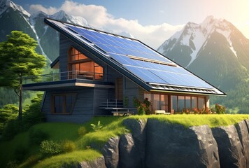 3D house with solar cells on the roof, natural background
