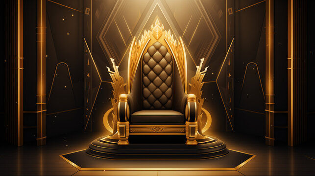 Golden Throne in Dark Room, Majestic Seat Shrouded in Mystery. Futuristic Art Deco style.