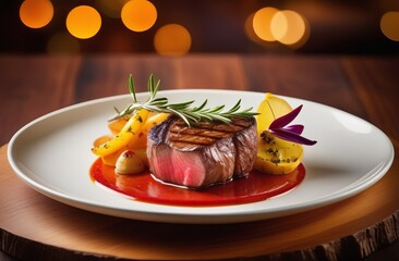 appetizing grilled steak with a sprig of rosemary and sauce on a plate in a restaurant, close-up