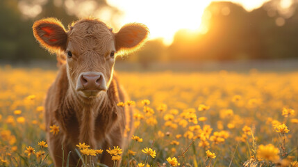 baby cow on a field with amazing light - obrazy, fototapety, plakaty