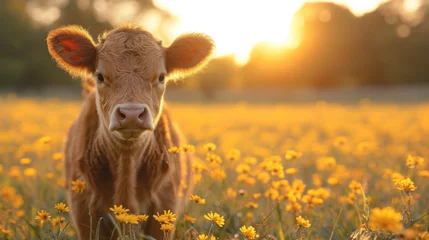 Foto op Plexiglas baby cow on a field with amazing light © Nico