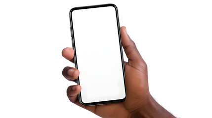 Hand holding smartphone png, new cellphone mockup isolated on transparent background, african american man, black - obrazy, fototapety, plakaty