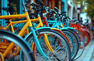 brightly colored bicycles line the sidewalk