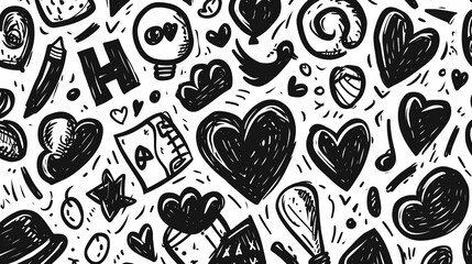 Fototapeta premium Charming love doodles background, drawn hearts, flowers, and romantic elements, adding a touch of playfulness to the essence of love and affection