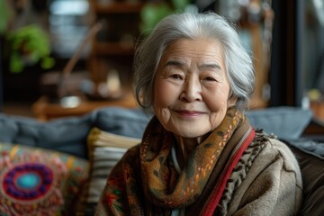 elderly woman smiling while sitting on couch