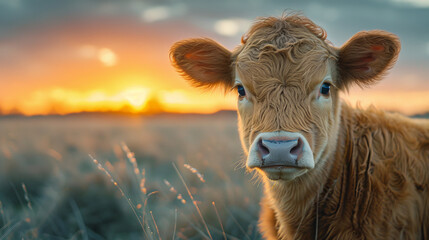 baby cow on a field with amazing light