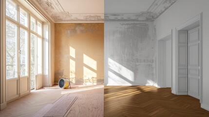Renovation concept - apartment before and after restoration or refurbishment - obrazy, fototapety, plakaty