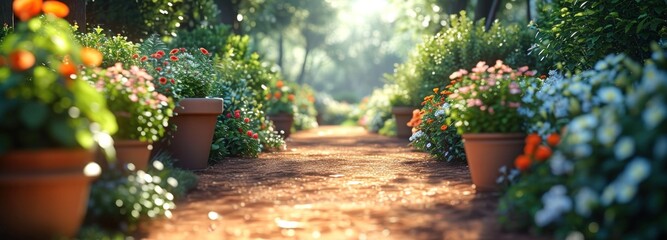 dirt path along the garden with potted flowers