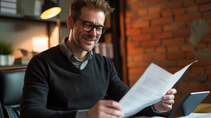 Focused man is reviewing documents