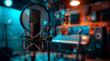 Studio microphone and pop shield on mic in the empty recording studio with copy space. Performance and show in the music business equipment