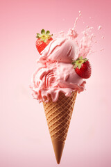 Strawberry ice cream in a waffle cone with fresh strawberries and a creamy splash on a pink background.
