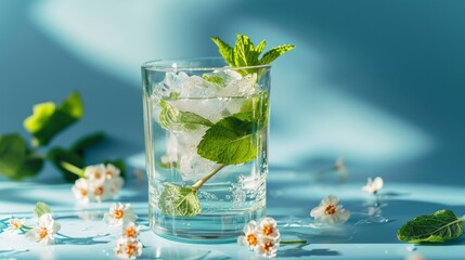 Transparent glass of fresh cocktail with mint leaves and flowers placed on surface against blue background